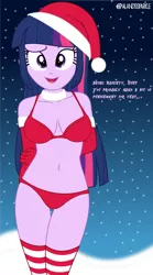 Size: 4252x7654 | Tagged: suggestive, artist:alandssparkle, derpibooru import, part of a set, twilight sparkle, twilight sparkle (alicorn), alicorn, equestria girls, background, belly button, bra, breasts, busty twilight sparkle, christmas, clothes, costume, derpibooru exclusive, dialogue, female, hands behind back, hat, holiday, image, lingerie, looking at you, panties, png, red underwear, santa costume, santa hat, sexy, sexy santa costume, signature, snow, socks, solo, solo female, stockings, talking to viewer, thigh highs, underass, underwear