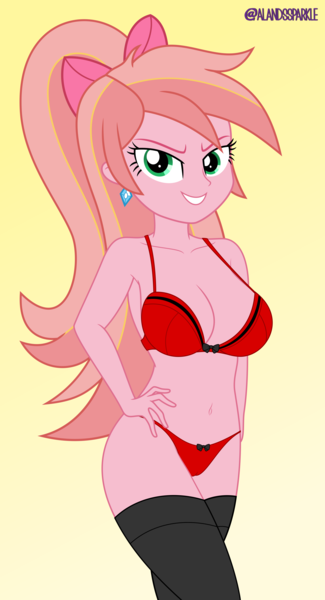 Size: 4481x8268 | Tagged: suggestive, artist:alandssparkle, derpibooru import, oc, oc:ruby sunshine, equestria girls, belly button, bow, bra, breasts, busty oc, clothes, derpibooru exclusive, ear piercing, earring, female, gradient background, hair bow, hand on hip, image, jewelry, lingerie, looking at you, panties, piercing, png, red underwear, ribbon, signature, simple background, smiling, smirk, socks, solo, solo female, stockings, thigh highs, underwear