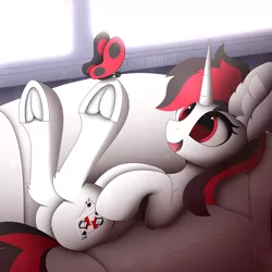 Size: 1920x1920 | Tagged: safe, artist:alexbefest, derpibooru import, oc, oc:blackjack, unofficial characters only, butterfly, insect, pony, unicorn, fallout equestria, fallout equestria: project horizons, bed, butt, commission, couch, cute, cutie mark, falloutequestria, fanfic art, foe, frog (hoof), happy, high res, hoofbutt, hooves up, horn, image, lying down, on back, on bed, plot, png, red, smiling, solo, underhoof, unicorn oc, window, ych result