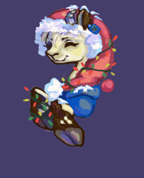 Size: 3000x3700 | Tagged: safe, artist:s0fty_1cy, derpibooru import, oc, oc:hazel bloons, unofficial characters only, goat, animated, bust, christmas, christmas lights, clothes, commission, ear tag, eyes closed, gif, happy, hat, holiday, hooves, horn, image, male, purple background, santa hat, simple background, smiling, solo, sweater, tan coat, ych result
