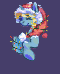 Size: 3000x3700 | Tagged: safe, artist:s0fty_1cy, derpibooru import, oc, oc:sunny dawn, unofficial characters only, pony, unicorn, animated, blue coat, bust, christmas, christmas lights, commission, eyes closed, gif, happy, hat, holiday, image, male, purple background, santa hat, simple background, smiling, solo, ych result, yellow mane