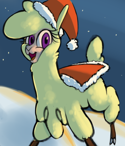 Size: 1516x1764 | Tagged: safe, artist:hitsuji, derpibooru import, alpaca, them's fightin' herds, blanket, christmas, cloven hooves, community related, hat, holiday, image, looking at you, paprika (tfh), png, santa hat, snow, solo