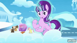 Size: 640x360 | Tagged: safe, derpibooru import, screencap, fluttershy, hoops, rainbow dash, starlight glimmer, pegasus, pony, unicorn, season 5, the cutie re-mark, animated, cloudsdale, colt, female, filly, filly fluttershy, filly rainbow dash, foal, gif, gifs.com, image, magic, male, mare, open mouth, telekinesis, younger