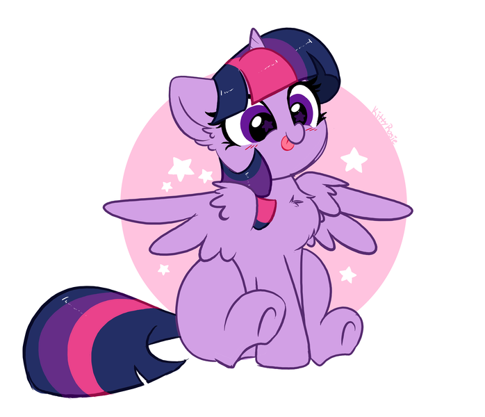 Size: 5179x4449 | Tagged: safe, artist:kittyrosie, derpibooru import, twilight sparkle, twilight sparkle (alicorn), alicorn, pony, :p, blushing, chest fluff, cute, ear fluff, female, full body, high res, horn, image, mare, multicolored mane, multicolored tail, png, purple eyes, simple background, sitting, smiling, solo, spread wings, starry eyes, stars, tail, tongue out, twiabetes, underhoof, white background, wingding eyes, wings