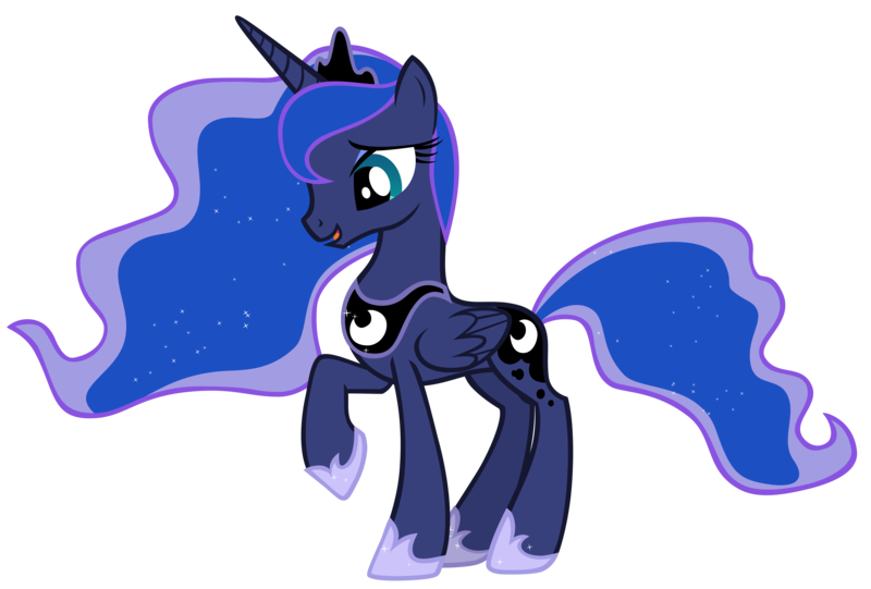 Size: 9574x6480 | Tagged: safe, artist:andoanimalia, derpibooru import, princess luna, alicorn, pony, luna eclipsed, absurd resolution, crown, female, folded wings, hoof shoes, horn, image, jewelry, mare, open mouth, open smile, png, raised hoof, regalia, simple background, smiling, solo, standing, teal eyes, transparent background, vector, wings