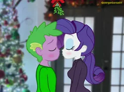 Size: 2048x1535 | Tagged: safe, artist:georgegarza01, derpibooru import, rarity, spike, human, equestria girls, blushing, christmas, christmas tree, clothes, cute, eyes closed, female, holiday, human spike, humanized, image, implied kissing, jpeg, male, mistletoe, raribetes, shipping, sparity, spikabetes, straight, tree, winter outfit