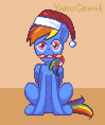 Size: 297x354 | Tagged: safe, artist:yarugreat, derpibooru import, rainbow dash, pegasus, pony, animated, christmas, commission, gif, hat, holiday, image, multicolored hair, pixel animation, pixel art, santa hat, simple background, sitting, solo, ych animation, ych example, your character here