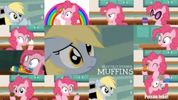 Size: 1280x720 | Tagged: safe, artist:sillyfillystudios, derpibooru import, edit, editor:quoterific, derpy hooves, pinkie pie, earth pony, pegasus, pony, ^^, eyes closed, floppy ears, food, glasses, image, muffin, muffins (animation), open mouth, open smile, pinkamena diane pie, pinkie being pinkie, png, poison joke, rainbow, smiling, sugarcube corner