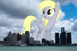 Size: 1800x1205 | Tagged: safe, artist:dashiesparkle, derpibooru import, derpy hooves, pegasus, pony, background pony, derpyzilla, detroit, female, giant derpy hooves, giant pegasus, giant pony, giantess, highrise ponies, image, irl, macro, mare, mega giant, michigan, photo, png, ponies in real life