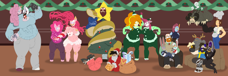 Size: 6000x2000 | Tagged: suggestive, artist:sanyo2100, derpibooru import, adagio dazzle, pinkie pie, oc, oc:candymare, oc:oddpie, arbiter, breasts, busty adagio dazzle, busty pinkie pie, crotch bulge, halo, image, mass effect, pinkamena diane pie, png, tali'zorah vas normandy, viper, x-com