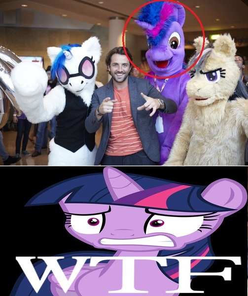 Size: 720x858 | Tagged: suggestive, derpibooru import, edit, edited screencap, screencap, daring do, twilight sparkle, twilight sparkle (alicorn), vinyl scratch, alicorn, anthro, clothes, creepy, cringing, furry, fursuit, image, jpeg, meme, suit, trash, wrong aspect ratio