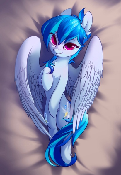 Size: 1408x2048 | Tagged: safe, artist:blue ink, derpibooru import, oc, oc:valor compassion, unofficial characters only, pegasus, pony, bedroom eyes, body pillow, body pillow design, female, image, jpeg, looking at you, lying down, pegasus oc, raised hoof, solo, wings
