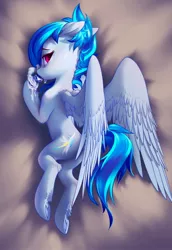 Size: 1408x2048 | Tagged: safe, artist:blue ink, derpibooru import, oc, oc:valor compassion, unofficial characters only, pegasus, pony, body pillow, body pillow design, feather, female, frog (hoof), gem, image, jpeg, looking at you, looking back, pegasus oc, solo, underhoof, wings