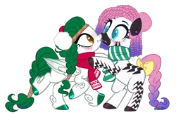 Size: 1604x1053 | Tagged: safe, artist:wicked-red-art, derpibooru import, oc, oc:olivia leaf, oc:zuri sambo, pegasus, pony, zebra, bipedal, bisexual pride flag, blushing, boop, bow, christmas, clothes, commission, duo, ear piercing, earring, female, freckles, hat, headband, holiday, image, jewelry, leg fluff, lesbian, mare, noseboop, oc x oc, open mouth, piercing, png, pride, pride flag, raised hoof, raised leg, santa hat, scarf, shipping, simple background, tail, tail bow, transparent background, unshorn fetlocks, zebra oc