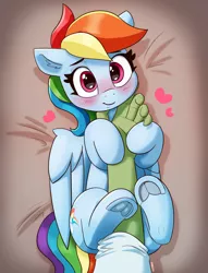 Size: 1666x2181 | Tagged: safe, alternate version, artist:pabbley, derpibooru import, rainbow dash, oc, oc:anon, human, pegasus, pony, anonymous, bed, blushing, cute, dashabetes, female, frog (hoof), hand, heart, image, jpeg, looking at you, lying down, mare, on back, smiling, smiling at you, underhoof