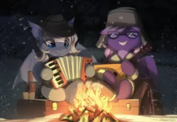 Size: 3200x2200 | Tagged: safe, artist:freeedon, derpibooru import, oc, unofficial characters only, bat pony, pony, accordion, balalaika, campfire, fire, glasses, hat, image, musical instrument, png, ushanka