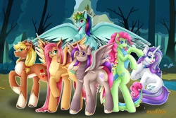 Size: 8086x5406 | Tagged: safe, artist:mailner, derpibooru import, applejack, fluttershy, gummy, manny roar, opalescence, owlowiscious, pinkie pie, rainbow dash, rarity, tank, twilight sparkle, winona, alicorn, bird, cat, cat pony, crocodile, dog, dog pony, manticore, original species, owl, pegasus, pony, tortoise, unicorn, appledog, applejack's hat, bipedal, collar, colored hooves, colored wings, cowboy hat, crossed arms, cutie mark, fangs, female, flying, fusion, grin, hat, high res, hooves, horn, image, jewelry, looking at you, male, mane six, mare, necklace, png, raised hoof, raricat, redesign, smiling, smiling at you, spread wings, tail, we have become one, wings, wrinkles