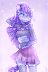 Size: 2000x3000 | Tagged: safe, artist:zefirka, derpibooru import, rarity, anthro, unicorn, clothes, ear piercing, earring, heart, image, jewelry, keyhole turtleneck, looking at you, notebook, piercing, png, skirt, socks, solo, sweater, thigh highs, turtleneck