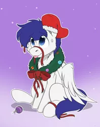 Size: 1744x2208 | Tagged: safe, artist:rokosmith26, derpibooru import, oc, unofficial characters only, pegasus, pony, bow, cheek fluff, chest fluff, christmas, christmas stocking, christmas wreath, commission, floppy ears, gradient background, holiday, image, looking up, male, one ear down, pegasus oc, png, raised hoof, ribbon, simple background, sitting, smiling, solo, spread wings, stallion, sweat, sweatdrop, tail, tongue out, wing fluff, wings, wreath, ych result