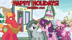 Size: 2063x1160 | Tagged: safe, artist:not-yet-a-brony, derpibooru import, big macintosh, cheerilee, marble pie, sugar belle, earth pony, pony, unicorn, 2021, awkward, christmas, embarrassed, female, friends, friendship, friendshipping, happy holidays, hearth's warming, holiday, holly, image, joke, male, mare, png, ponyville, prank, schadenfreude, shipping, snow, stallion, straight, sugarmac, uh oh, winter, youtube link in the description