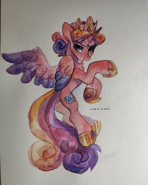 Size: 3000x3750 | Tagged: safe, artist:zlatavector, derpibooru import, princess cadance, alicorn, pony, female, image, looking at you, looking back, mare, png, princess, traditional art, watercolor painting