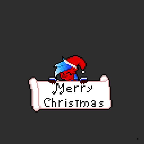 Size: 1280x1280 | Tagged: safe, artist:mariothepixelarter, derpibooru import, oc, unofficial characters only, pony, christmas, eyes closed, gray background, hat, holiday, image, jpeg, merry christmas, pixel art, ponysona, santa hat, sign, simple background, smiling, solo