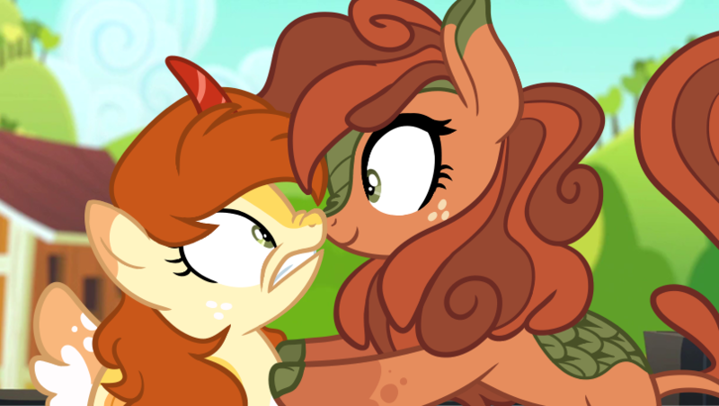 Size: 807x456 | Tagged: safe, artist:joburii, derpibooru import, oc, oc:auburn foxtrot, oc:pumpkin patch, unofficial characters only, hybrid, kirin, female, image, interspecies offspring, magical lesbian spawn, offspring, parent:applejack, parent:autumn blaze, parents:autumnjack, png