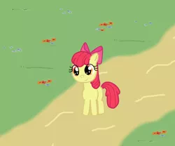 Size: 600x500 | Tagged: safe, artist:yasmeen-444, derpibooru import, apple bloom, earth pony, pony, apple bloom's bow, bow, female, filly, flower, foal, hair bow, image, orange eyes, outdoors, png, red mane, red tail, smiling, solo, tail