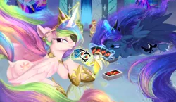 Size: 2063x1200 | Tagged: safe, artist:sketchiix3, derpibooru import, princess celestia, princess luna, twilight sparkle, alicorn, unicorn, :p, banana, bananalestia, butt, canterlot castle, card game, crossed hooves, crown, do you like bananas?, dock, ethereal mane, ethereal tail, featureless crotch, female, food, herbivore, horseshoes, image, jewelry, lying down, on floor, peytral, playing card, plot, png, prone, regalia, royal guard, royal sisters, siblings, sisters, stained glass, sunbutt, tail, this will end in death, this will end in nightmare moon, this will end in tears, this will end in tears and/or death, tongue out, trollestia, uno, uno reverse card