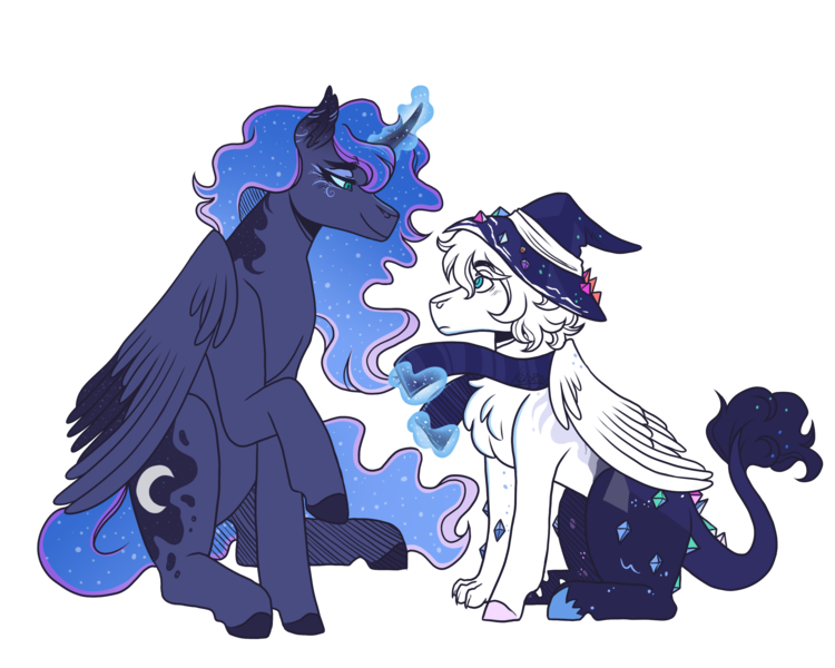 Size: 3000x2400 | Tagged: safe, artist:kikirdcz, derpibooru import, princess luna, oc, oc:cosmos, hybrid, clothes, hat, image, magic, male, png, scarf, simple background, transparent background, witch hat