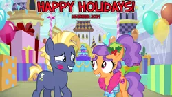 Size: 2064x1161 | Tagged: safe, anonymous artist, derpibooru import, plaid stripes, star tracker, earth pony, pony, 2021, cake, canterlot, canterlot castle, christmas, colt, december, female, filly, foal, food, happy holidays, hearth's warming, holiday, holly, image, kiss mark, lipstick, looking at each other, lyrics in the description, male, mistletoe, party, png, present, shipping, smiling, smiling at each other, starstripes, straight, youtube link in the description