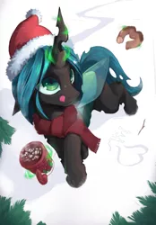 Size: 1597x2298 | Tagged: safe, artist:hitbass, derpibooru import, queen chrysalis, changeling, changeling queen, chocolate, christmas, clothes, cute, cutealis, donut, female, food, glow, glowing horn, hat, holiday, horn, hot chocolate, image, licking, licking lips, magic, mug, png, santa hat, scarf, smiling, snow, solo, telekinesis, tongue out, tree, winter