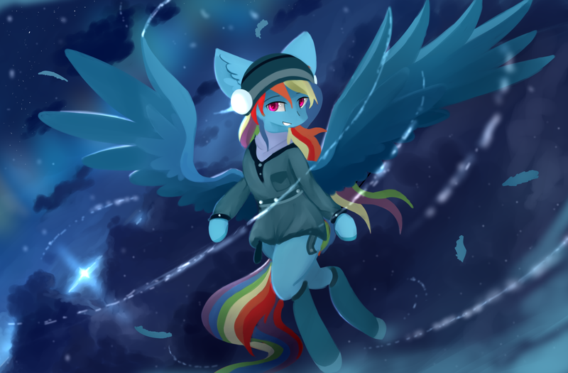 Size: 2560x1680 | Tagged: safe, artist:ssnerdy, derpibooru import, rainbow dash, pegasus, pony, beanie, cap, clothes, earmuffs, feather, female, flying, grin, hat, image, jacket, leggings, mare, night, png, smiling, snow, solo, spread wings, wind, wings, winter, winter outfit