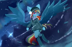 Size: 2560x1680 | Tagged: safe, artist:ssnerdy, derpibooru import, rainbow dash, pegasus, pony, beanie, cap, clothes, earmuffs, feather, female, flying, grin, hat, image, jacket, leggings, mare, night, png, smiling, snow, solo, spread wings, wind, wings, winter, winter outfit