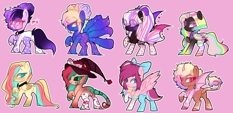 Size: 3225x1571 | Tagged: safe, artist:kyannepopys, derpibooru import, oc, unofficial characters only, bat pony, original species, pony, base used, bat pony oc, bat wings, choker, hat, image, kitsune, kitsune pony, multicolored hair, png, purple background, rainbow hair, simple background, wings, witch hat