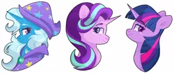 Size: 1280x547 | Tagged: safe, artist:cinnamontee, derpibooru import, starlight glimmer, trixie, twilight sparkle, pony, unicorn, bust, female, image, jpeg, magical trio, mare, portrait, simple background, smiling, transparent background, trio