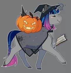 Size: 2000x2057 | Tagged: safe, artist:royvdhel-art, derpibooru import, oc, unofficial characters only, pony, unicorn, blush sticker, blushing, colored hooves, commission, eyes closed, gray background, halloween, hat, heart, holiday, horn, image, jack-o-lantern, jpeg, pumpkin, simple background, smiling, unicorn oc, witch hat, ych result