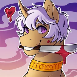 Size: 800x800 | Tagged: safe, artist:royvdhel-art, derpibooru import, oc, unofficial characters only, pony, unicorn, blood, commission, grin, heart, horn, image, jpeg, knife, male, mouth hold, smiling, solo, stallion, unicorn oc, ych result