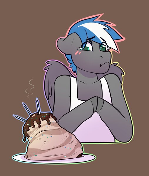 Size: 1468x1738 | Tagged: safe, artist:royvdhel-art, derpibooru import, oc, oc:cloud zapper, unofficial characters only, anthro, pegasus, arm hooves, blushing, brown background, bust, cake, clothes, food, image, jpeg, male, pegasus oc, simple background, solo, wings