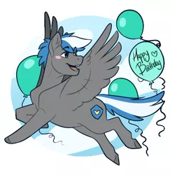 Size: 694x715 | Tagged: safe, artist:royvdhel-art, derpibooru import, oc, oc:cloud zapper, unofficial characters only, pegasus, pony, blush sticker, blushing, flying, happy birthday, image, jpeg, looking back, male, pegasus oc, simple background, solo, stallion, transparent background, wings