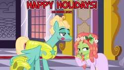 Size: 2064x1160 | Tagged: safe, anonymous artist, artist:cloudyglow, artist:frownfactory, derpibooru import, edit, tree hugger, zephyr breeze, 2021, armor, canterlot, canterlot castle, christmas, clothes, december, dress, female, floral head wreath, flower, gala, gala dress, happy holidays, hearth's warming, holiday, holly, image, kiss mark, lipstick, lyrics in the description, male, mistletoe, party, png, royal guard armor, shipping, straight, youtube link in the description, zephyrhugger