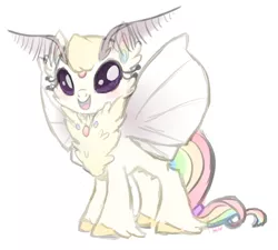 Size: 2583x2321 | Tagged: safe, artist:khimi-chan, derpibooru import, oc, oc:jewel, unofficial characters only, insect, moth, mothpony, original species, chest fluff, eyelashes, female, image, multicolored hair, png, rainbow hair, simple background, smiling, story included, white background, wings