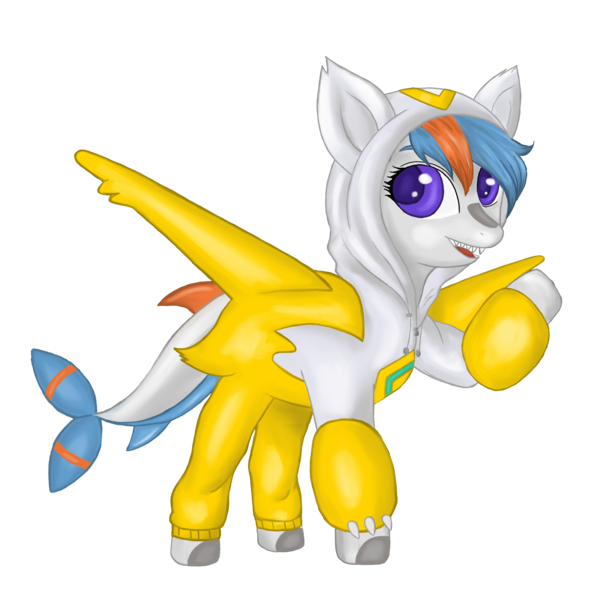 Size: 3072x3072 | Tagged: safe, artist:micaza, derpibooru import, oc, oc:gulfstream, unofficial characters only, hybrid, latias, original species, shark, shark pony, clothes, costume, female, hoodie, image, legendary pokémon, png, pokémon, shiny pokémon, simple background, smiling, transparent background, waving, waving at you