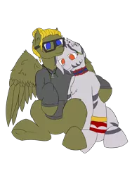 Size: 3000x4000 | Tagged: safe, artist:donnik, derpibooru import, oc, oc:donnik, oc:nishati, pegasus, pony, zebra, derpibooru community collaboration, 2022 community collab, clothes, glasses, hoodie, hug, image, jewelry, necklace, png, sitting