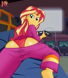 Size: 1600x1835 | Tagged: suggestive, artist:succubi samus, derpibooru import, part of a set, sunset shimmer, equestria girls, bedroom, bedroom eyes, bunset shimmer, butt, clothes, controller, couch, game, gamer sunset, image, jpeg, looking back, pajamas, patreon, patreon logo, show accurate, underwear, wardrobe malfunction