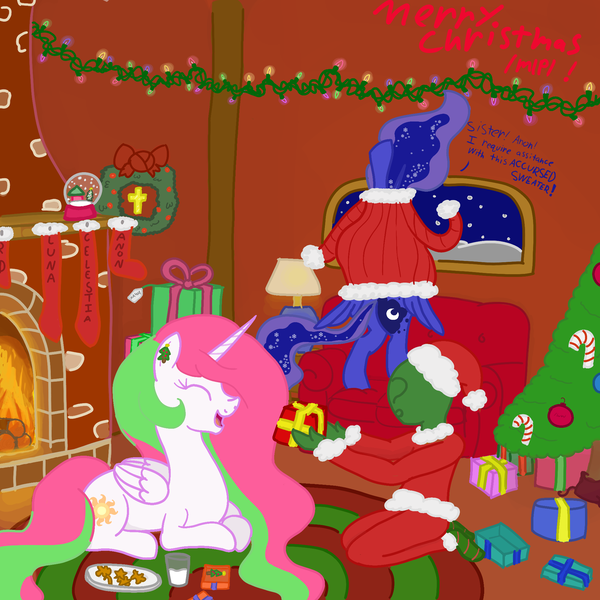 Size: 2000x2000 | Tagged: safe, artist:notawriteranon, derpibooru import, princess celestia, princess luna, oc, oc:anon, /mlp/, christmas, christmas lights, christmas stocking, christmas tree, clothes, fireplace, gift wrapped, holiday, image, png, present, snow, snowfall, snowflake, sweater, tree