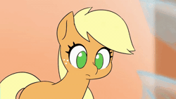Size: 600x338 | Tagged: safe, artist:doublewbrothers, derpibooru import, applejack, earth pony, pony, animated, appletini, female, gif, image, looking at you, looking down, mare, micro, missing accessory, my tiny pony, reaction image, solo, tiny, tiny ponies