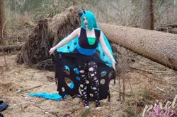 Size: 1280x851 | Tagged: safe, artist:pixelvixens, derpibooru import, queen chrysalis, human, barefoot, clothes, cosplay, costume, feet, forest, image, irl, irl human, jpeg, pants, photo, ripped pants, torn clothes, tree