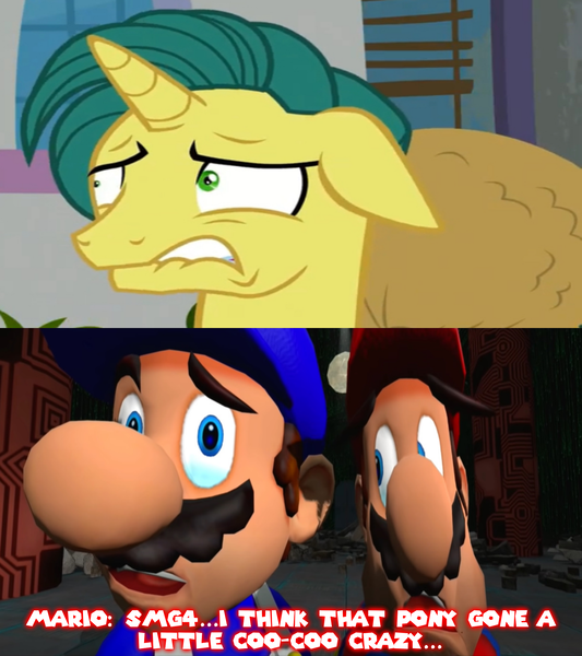 Size: 1920x2160 | Tagged: safe, derpibooru import, edit, edited screencap, screencap, dandy dispatch, pony, unicorn, season 9, the ending of the end, spoiler:s09, image, mario, png, scared, shrunken pupils, smg4, super mario bros., teeth, worried