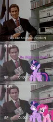 Size: 733x1671 | Tagged: safe, derpibooru import, edit, edited screencap, screencap, pinkie pie, twilight sparkle, twilight sparkle (alicorn), alicorn, earth pony, human, pony, american psycho, butt, comic, image, irl, irl human, meme, movie reference, patrick bateman, photo, png, subtitles, text, twibutt, vhs